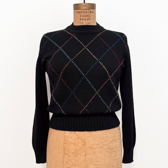 Vintage Sweaters - Vintage Brass Plum Black Diamond Knit Shetland Wool Crew Neck Sweater Size Large